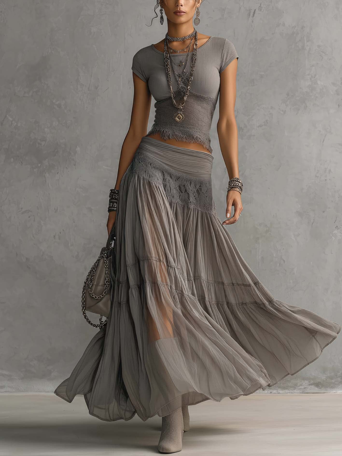 Grey top with lace inserts and pleated maxi skirt set