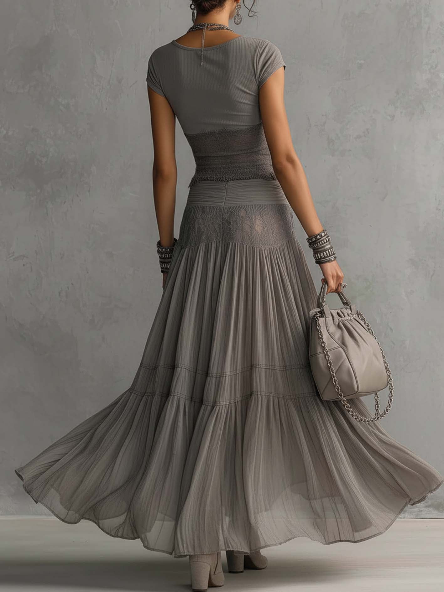 Grey top with lace inserts and pleated maxi skirt set