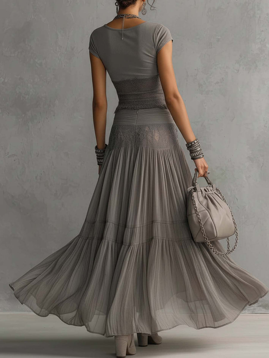 Grey top with lace inserts and pleated maxi skirt set