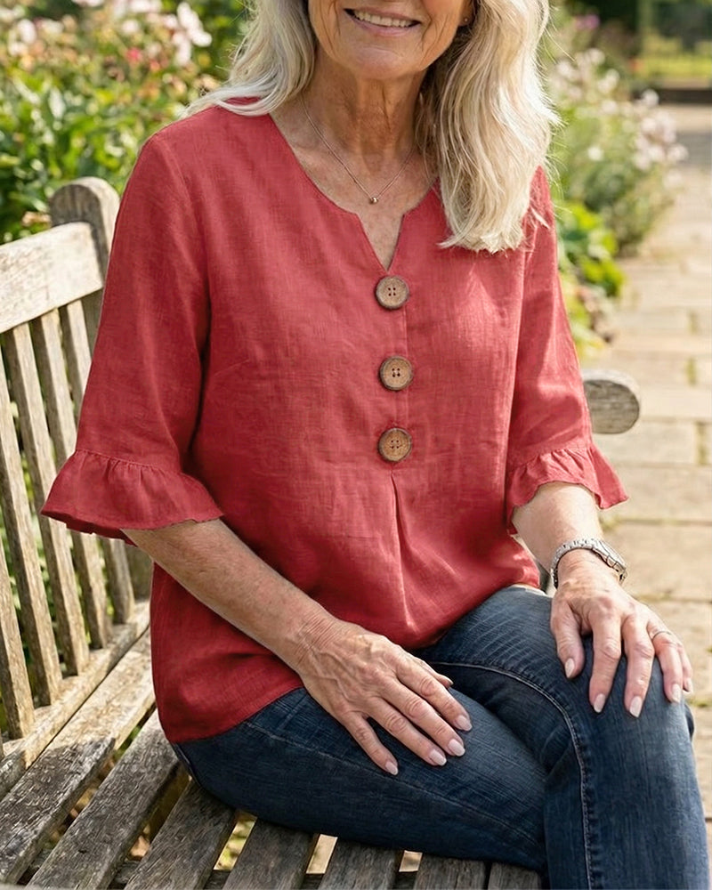 Sophia Solid Colour Cotton-Linen Blouse with Wooden Buttons and Ruffles