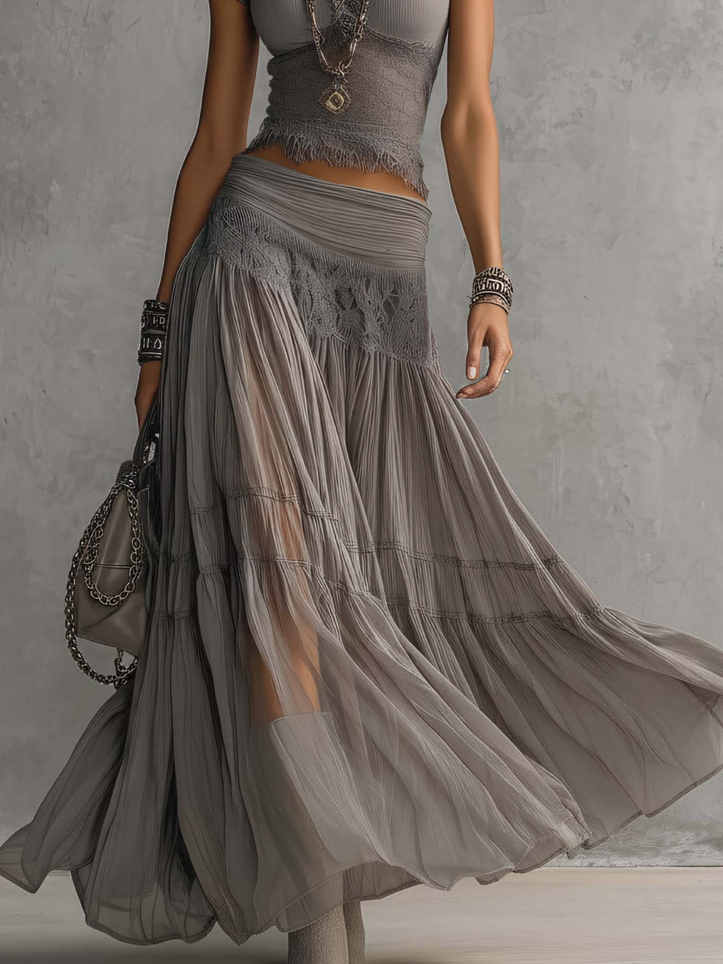 Grey top with lace inserts and pleated maxi skirt set