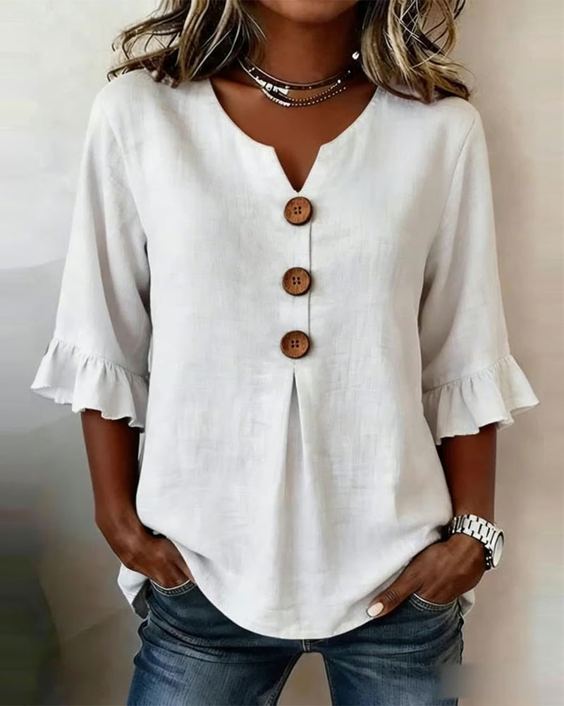 Sophia Solid Colour Cotton-Linen Blouse with Wooden Buttons and Ruffles