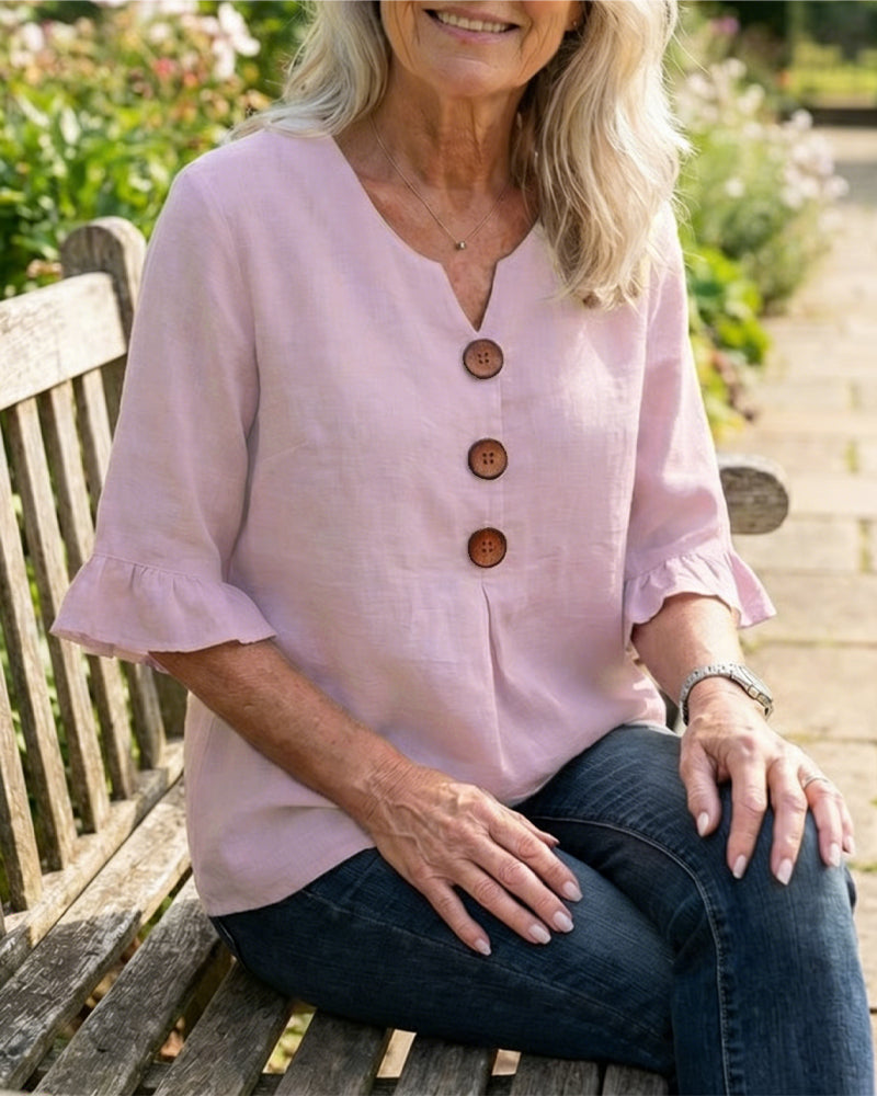 Sophia Solid Colour Cotton-Linen Blouse with Wooden Buttons and Ruffles