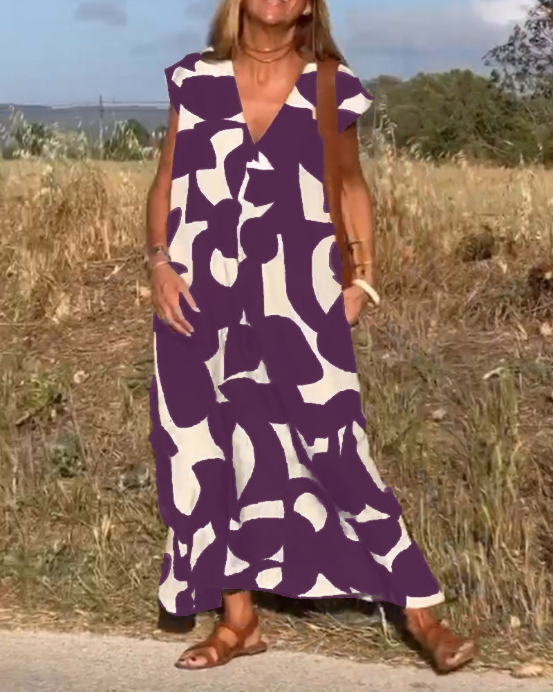 Dress with Print and V-Neck