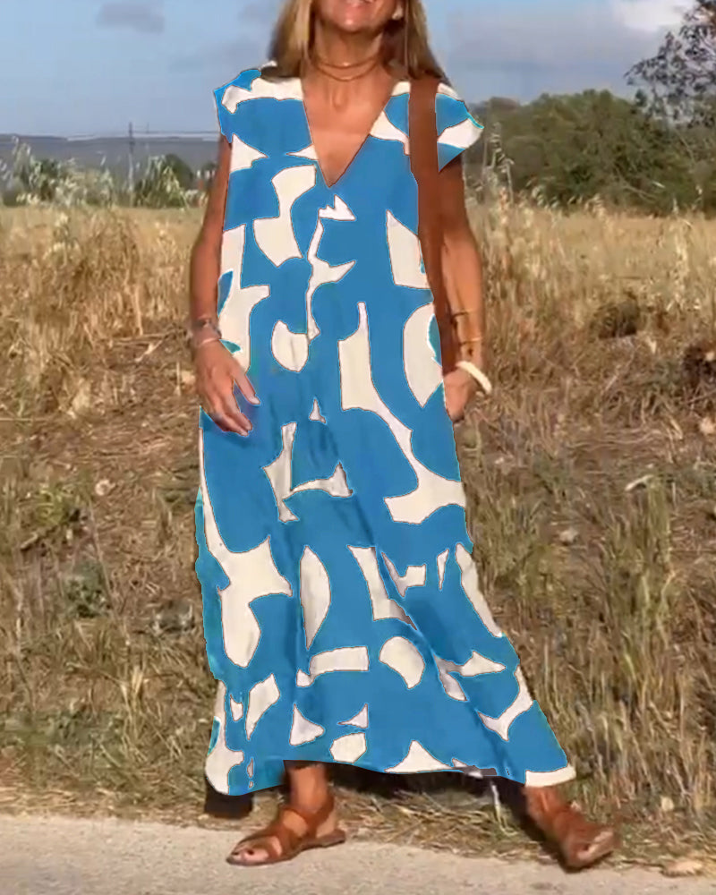 Dress with Print and V-Neck