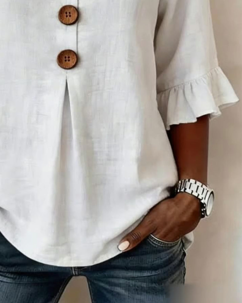 Sophia Solid Colour Cotton-Linen Blouse with Wooden Buttons and Ruffles