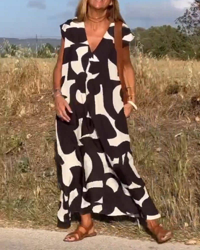 Dress with Print and V-Neck