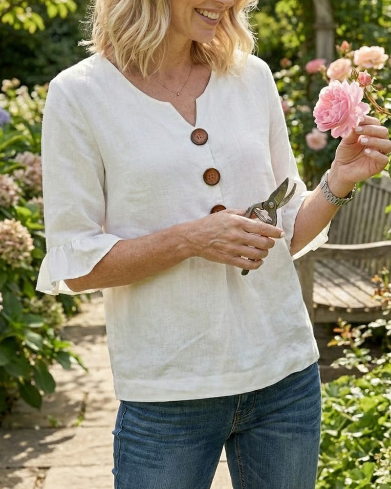 Sophia Solid Colour Cotton-Linen Blouse with Wooden Buttons and Ruffles