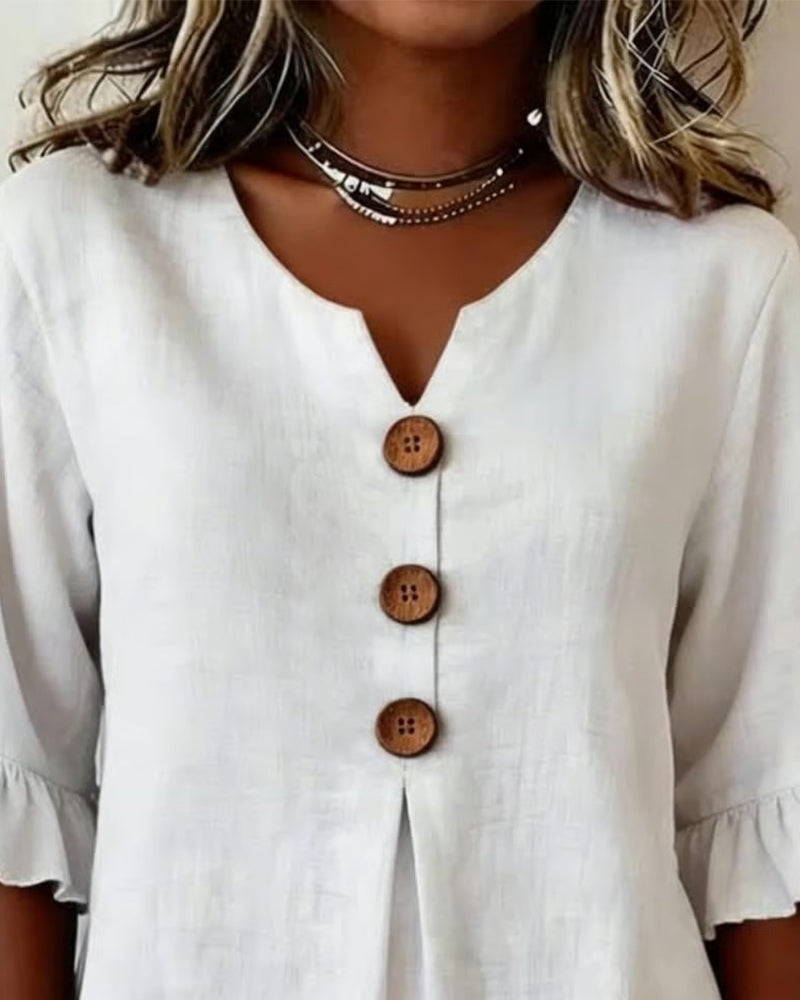 Sophia Solid Colour Cotton-Linen Blouse with Wooden Buttons and Ruffles