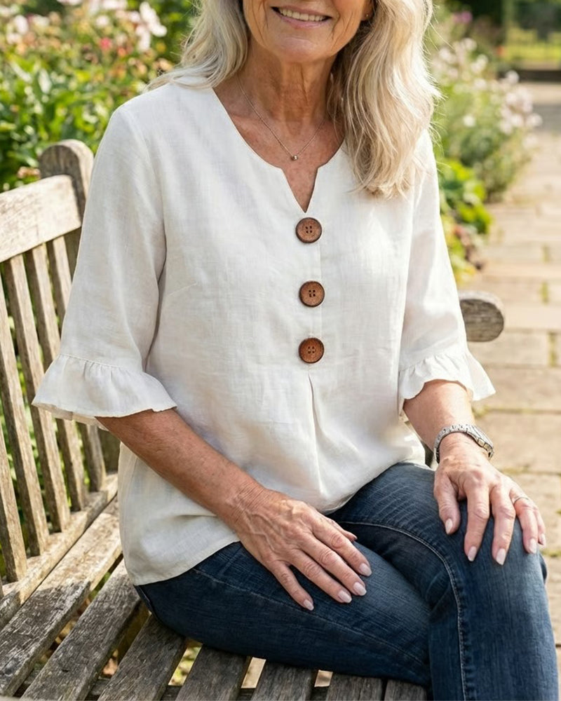 Sophia Solid Colour Cotton-Linen Blouse with Wooden Buttons and Ruffles