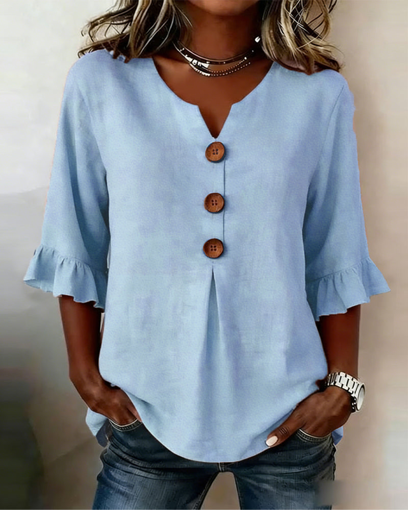 Sophia Solid Colour Cotton-Linen Blouse with Wooden Buttons and Ruffles
