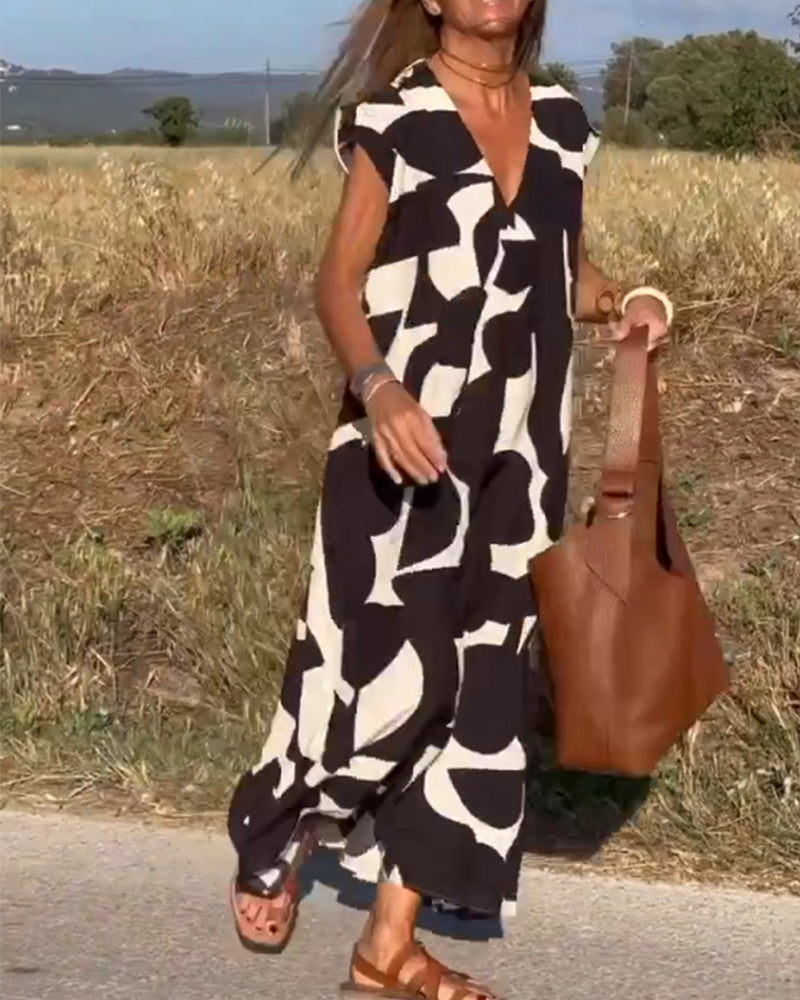Dress with Print and V-Neck