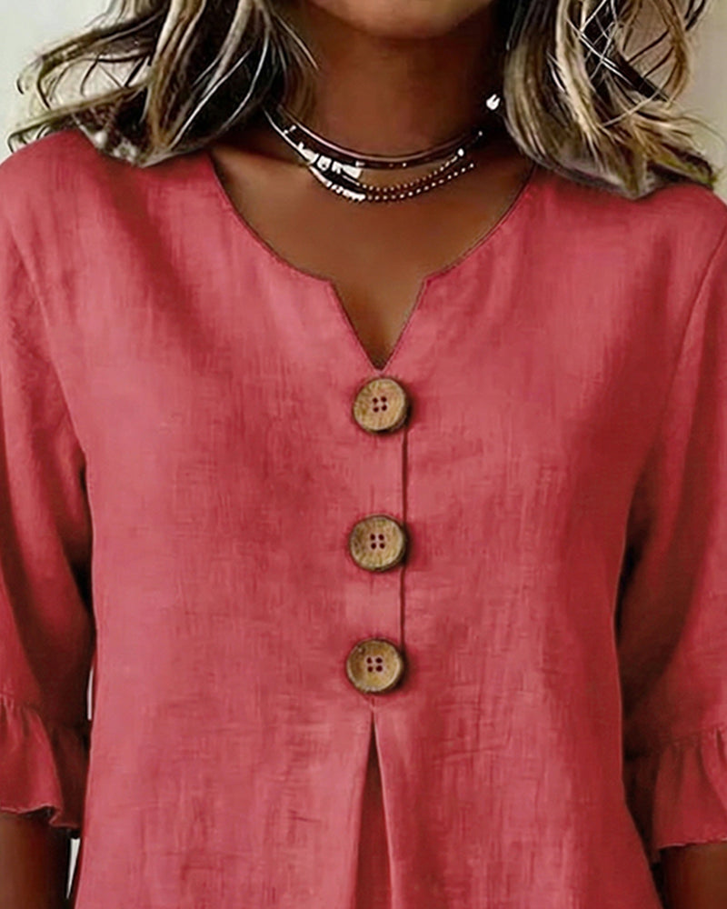 Sophia Solid Colour Cotton-Linen Blouse with Wooden Buttons and Ruffles
