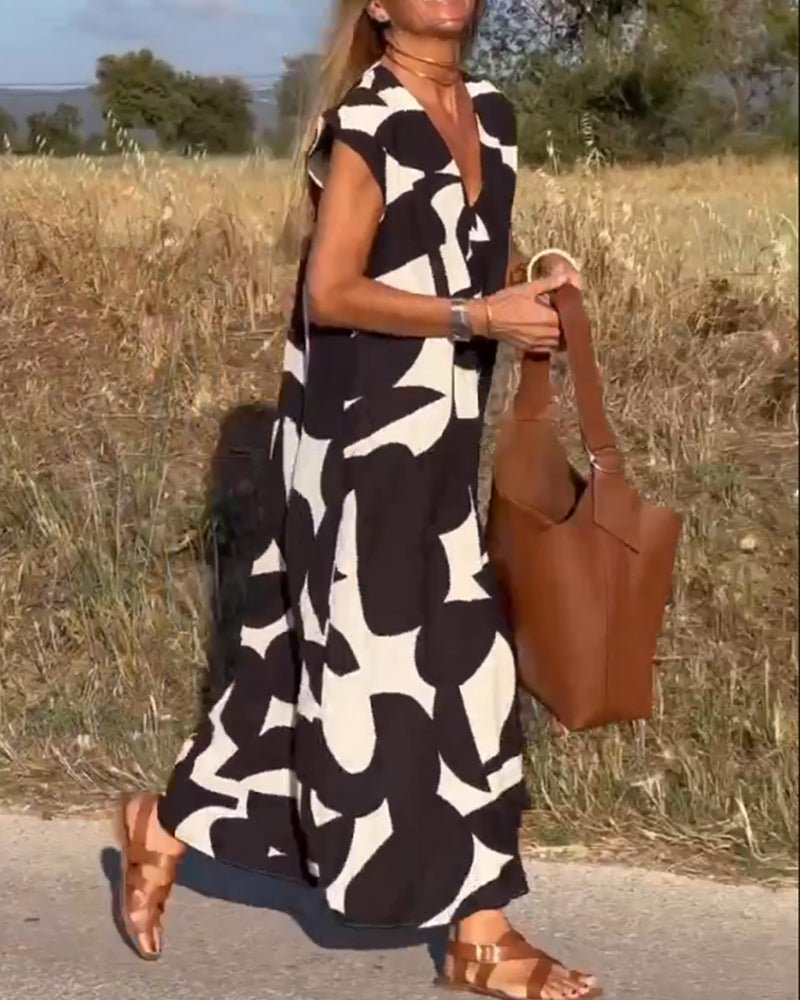 Dress with Print and V-Neck