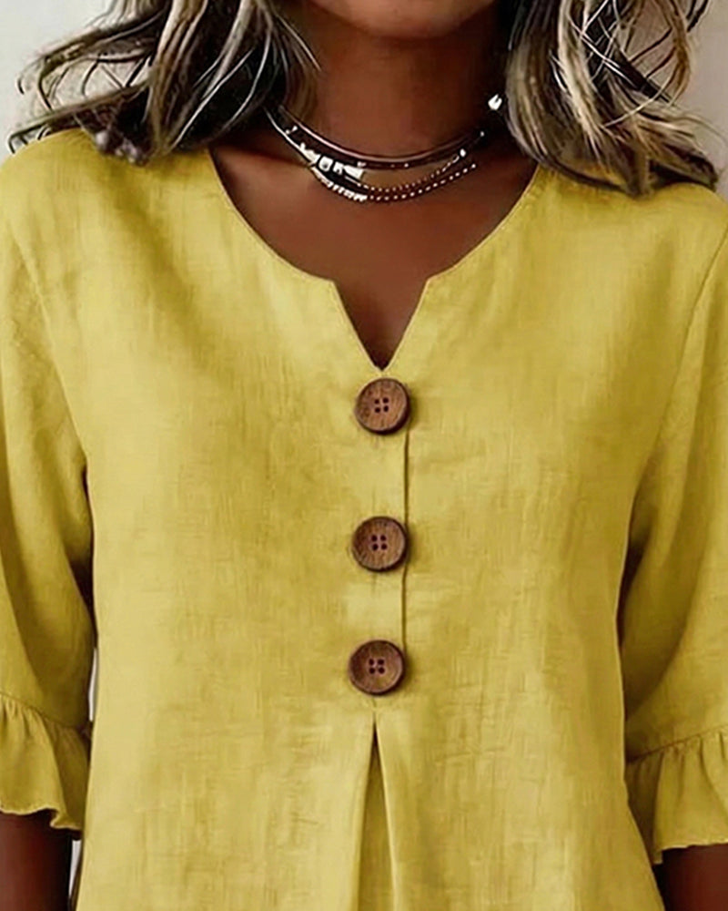 Sophia Solid Colour Cotton-Linen Blouse with Wooden Buttons and Ruffles