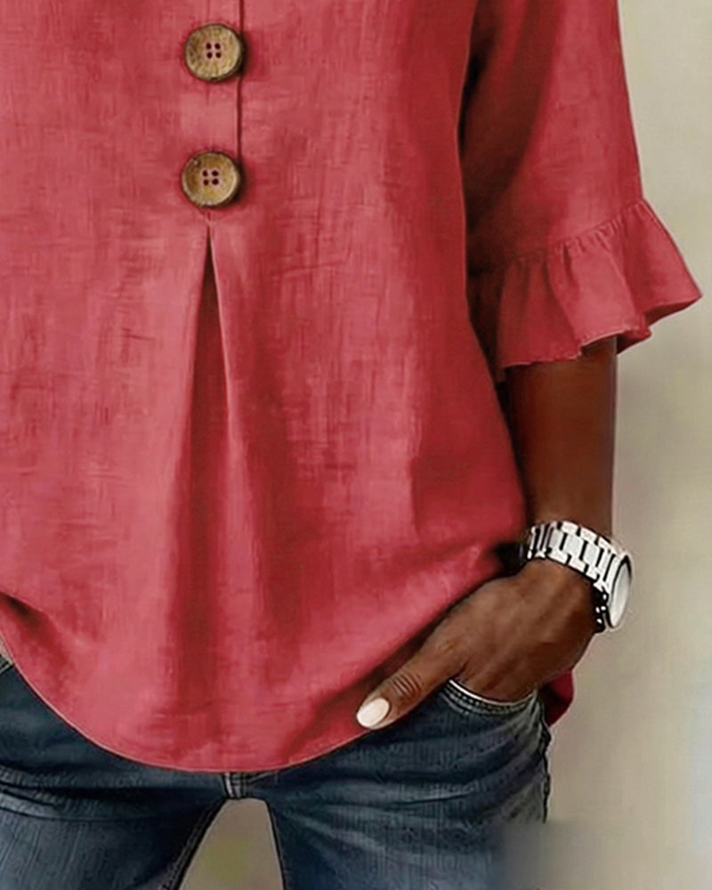 Sophia Solid Colour Cotton-Linen Blouse with Wooden Buttons and Ruffles