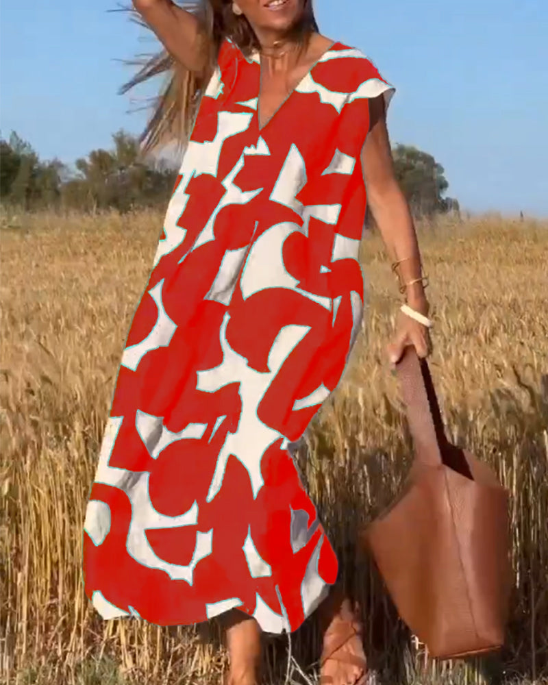 Dress with Print and V-Neck