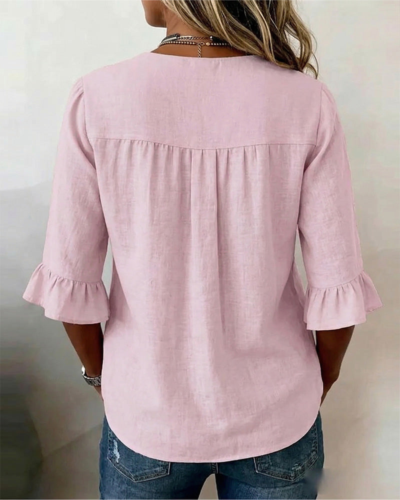 Sophia Solid Colour Cotton-Linen Blouse with Wooden Buttons and Ruffles