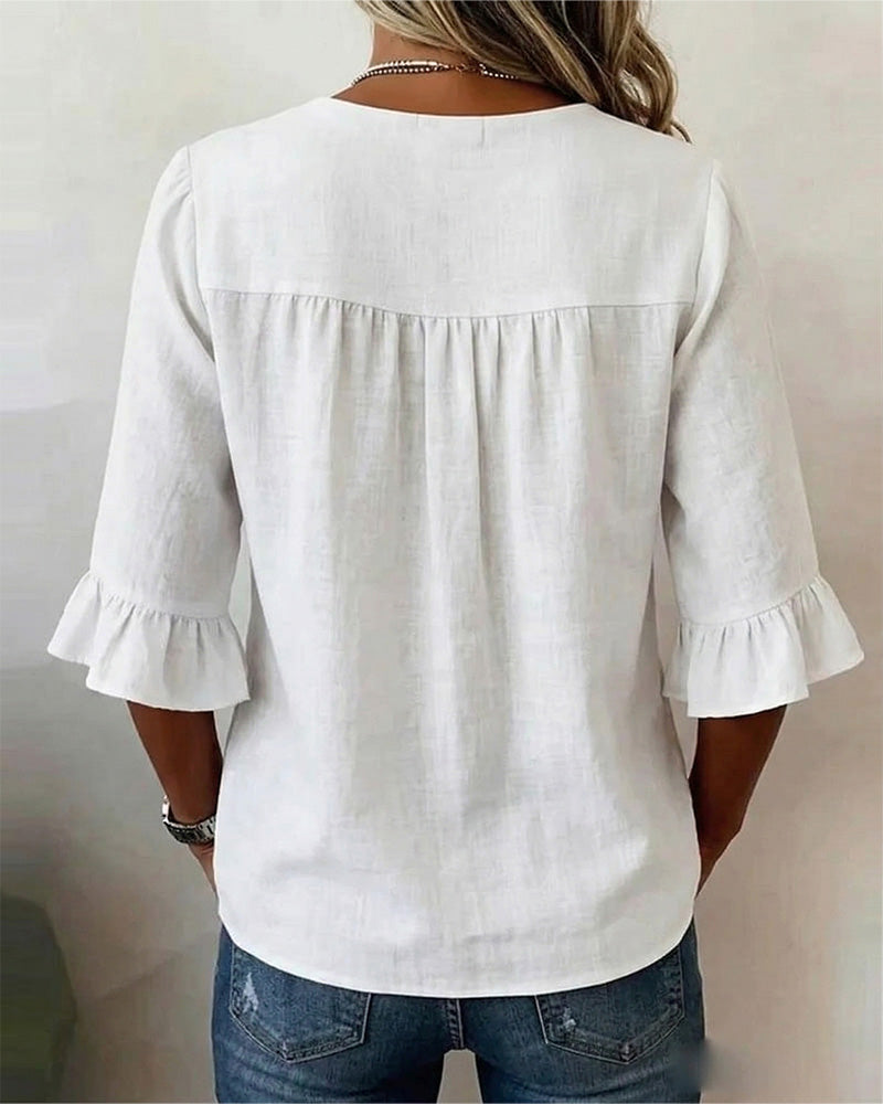 Sophia Solid Colour Cotton-Linen Blouse with Wooden Buttons and Ruffles