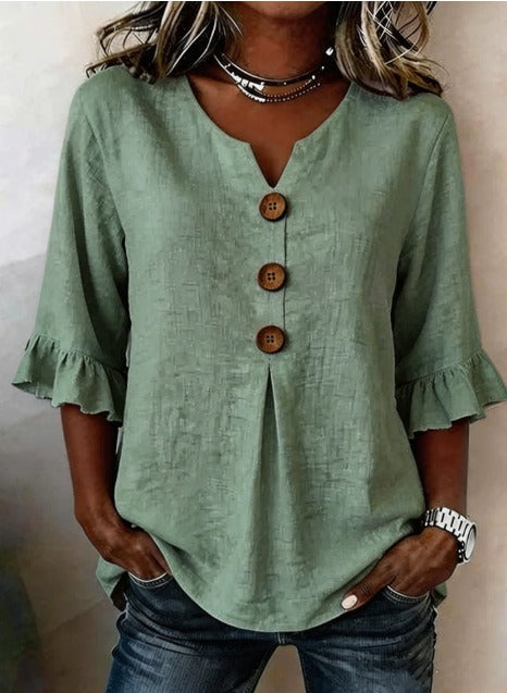 Sophia Solid Colour Cotton-Linen Blouse with Wooden Buttons and Ruffles
