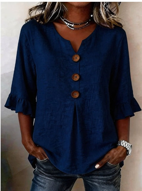 Sophia Solid Colour Cotton-Linen Blouse with Wooden Buttons and Ruffles