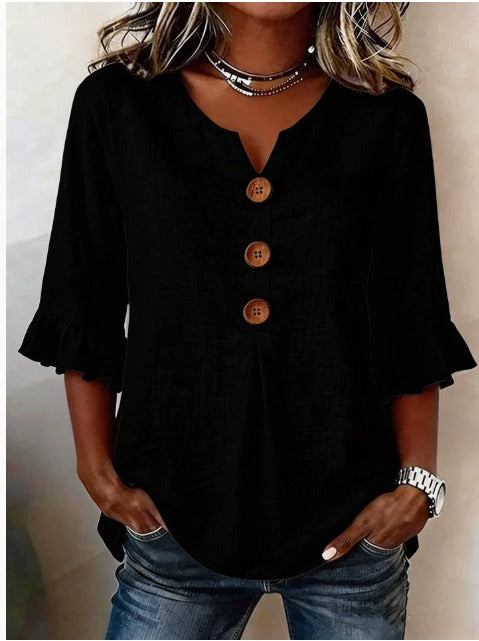 Sophia Solid Colour Cotton-Linen Blouse with Wooden Buttons and Ruffles