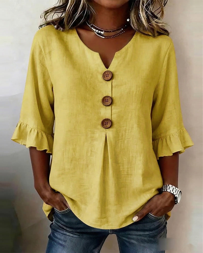Sophia Solid Colour Cotton-Linen Blouse with Wooden Buttons and Ruffles