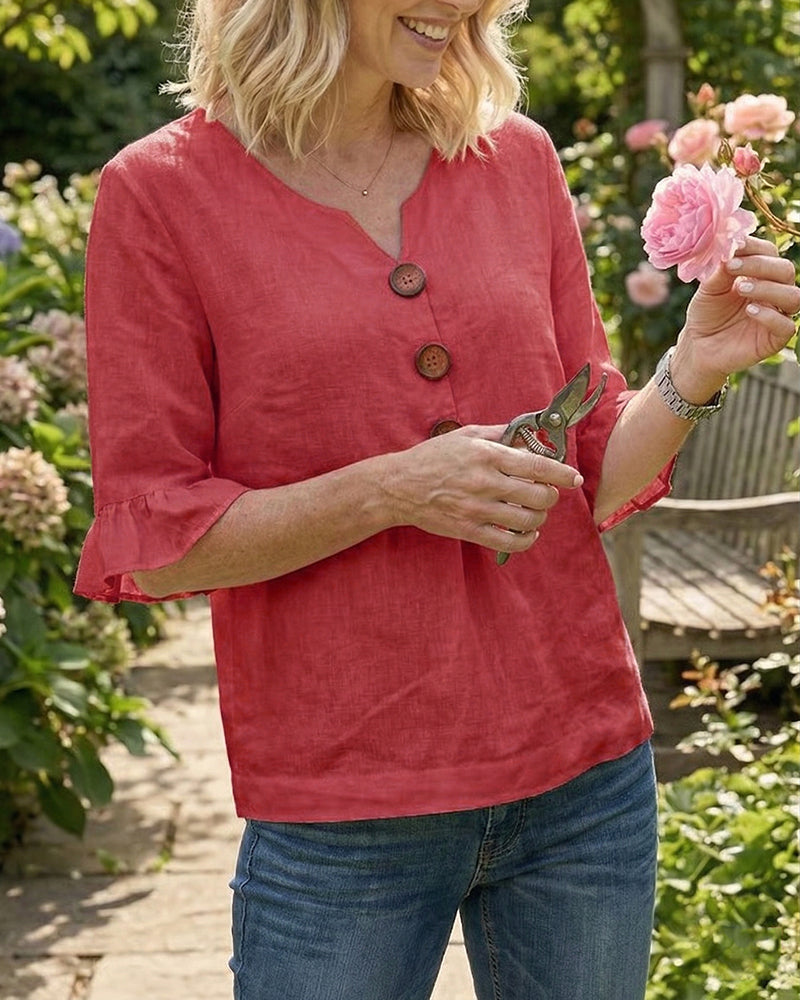 Sophia Solid Colour Cotton-Linen Blouse with Wooden Buttons and Ruffles