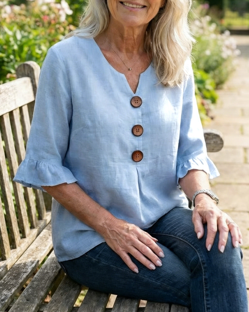 Sophia Solid Colour Cotton-Linen Blouse with Wooden Buttons and Ruffles