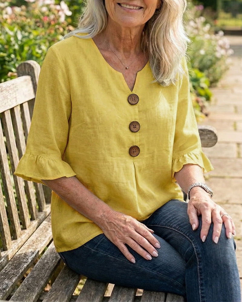 Sophia Solid Colour Cotton-Linen Blouse with Wooden Buttons and Ruffles