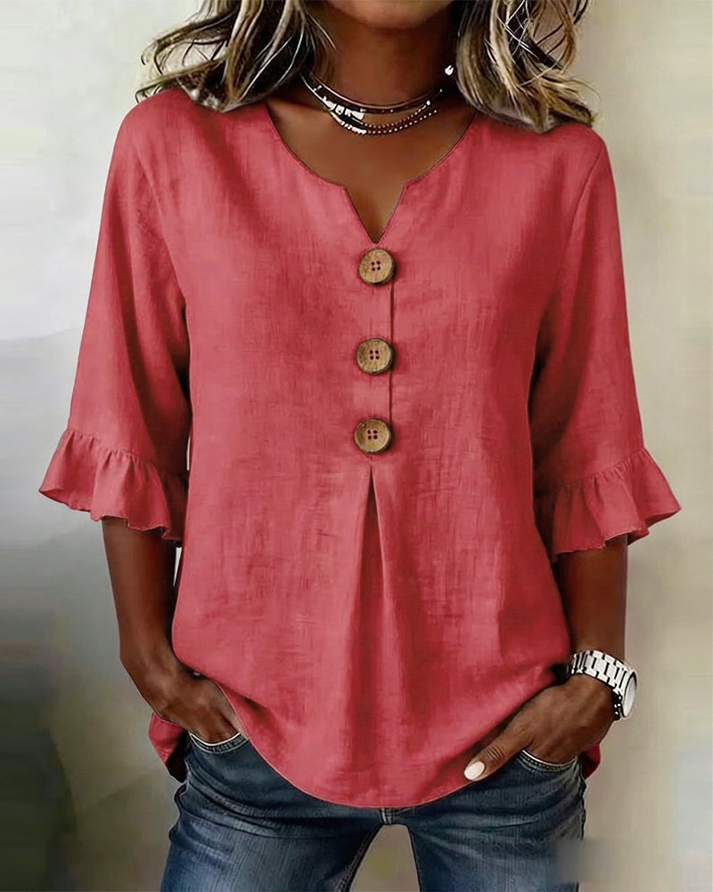 Sophia Solid Colour Cotton-Linen Blouse with Wooden Buttons and Ruffles