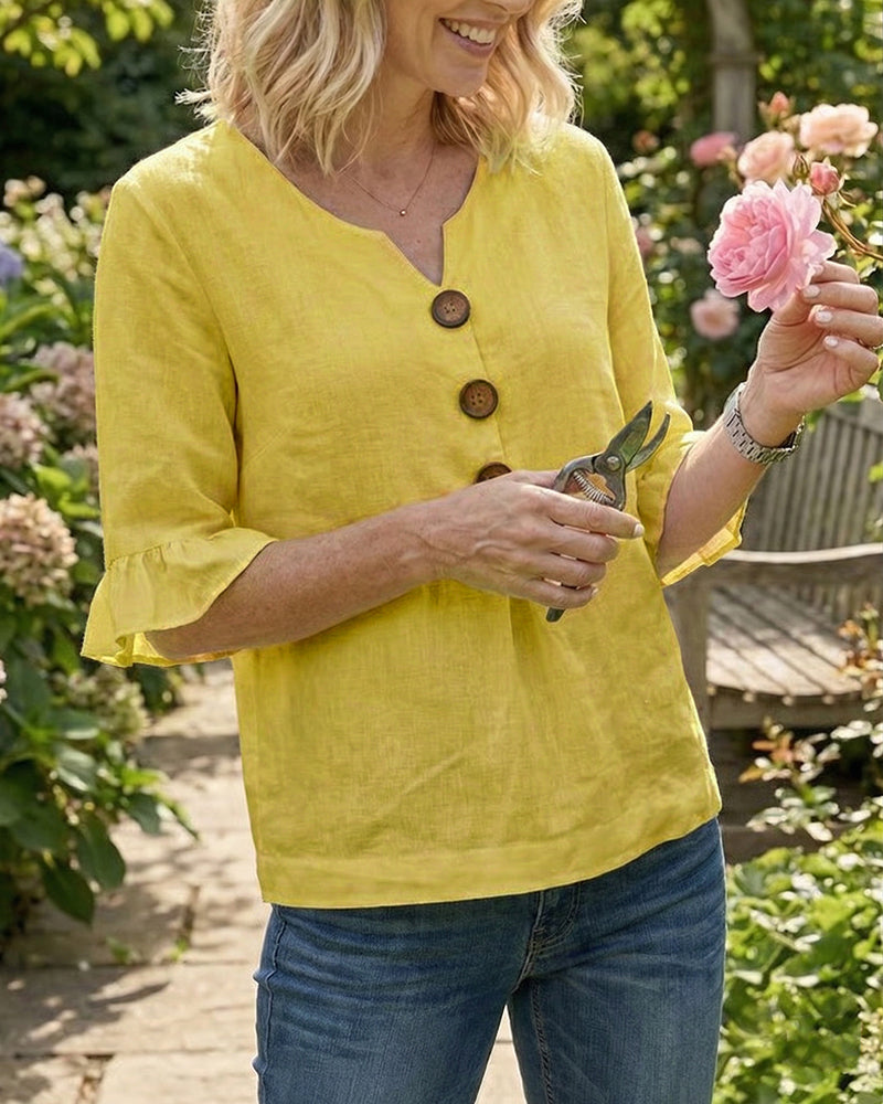 Sophia Solid Colour Cotton-Linen Blouse with Wooden Buttons and Ruffles