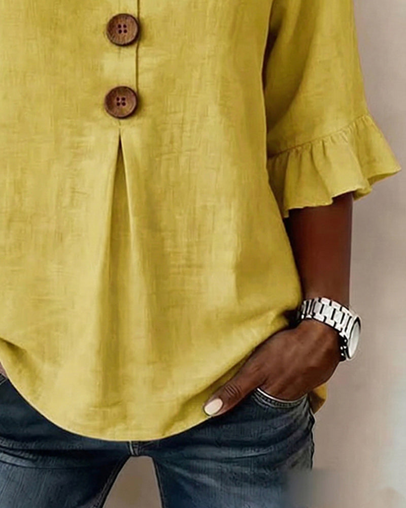 Sophia Solid Colour Cotton-Linen Blouse with Wooden Buttons and Ruffles
