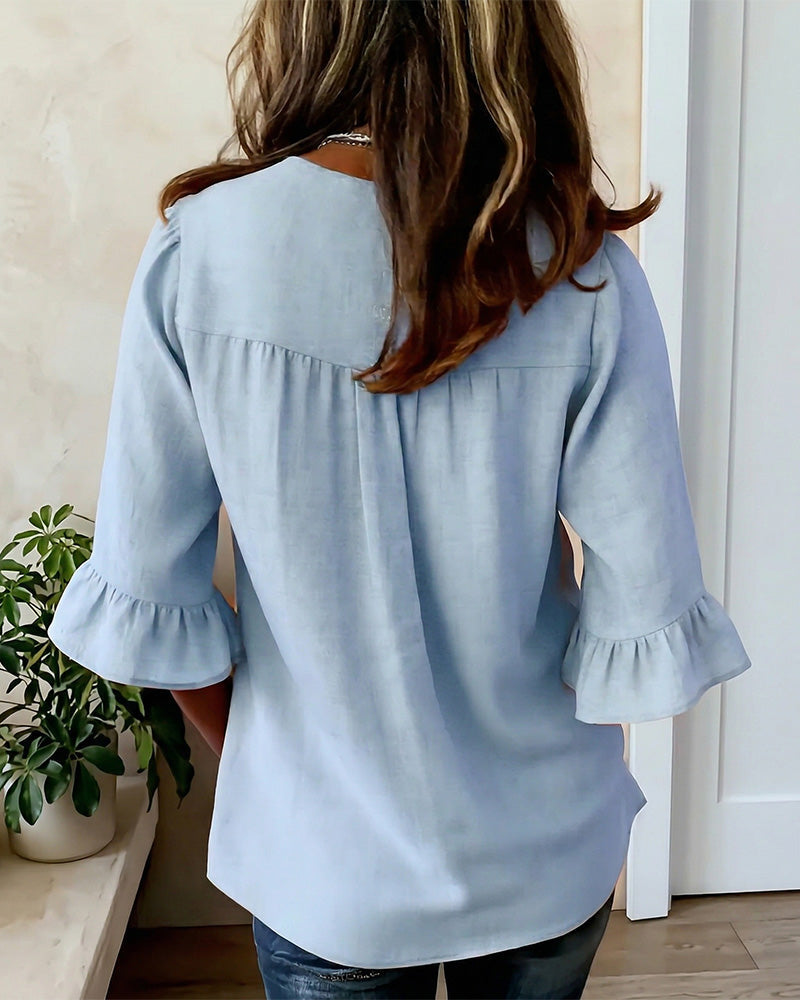 Sophia Solid Colour Cotton-Linen Blouse with Wooden Buttons and Ruffles
